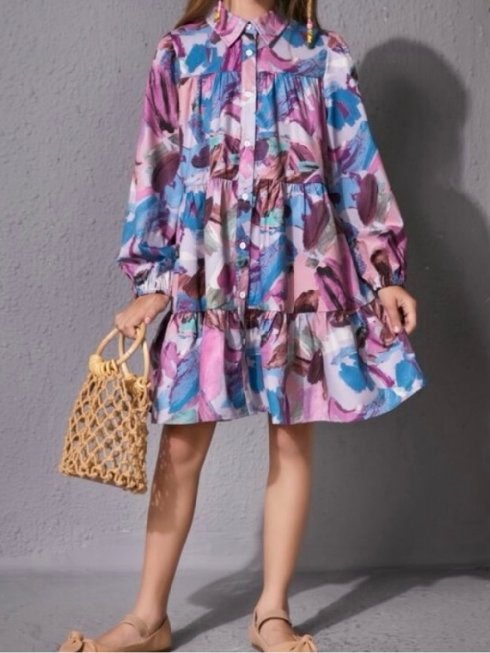 Brush Print Lantern Tiered Button-Front Mini Dress